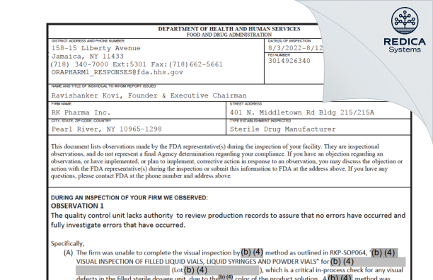 FDA 483 - RK PHARMA INC. [New York / United States of America] - Download PDF - Redica Systems