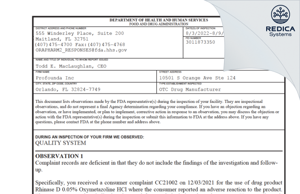 FDA 483 - Profounda Inc [Orlando / United States of America] - Download PDF - Redica Systems