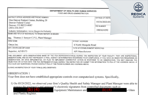 FDA 483 - Omya Inc. [Superior / United States of America] - Download PDF - Redica Systems