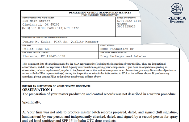 FDA 483 - Bullet Line, LLC [Florence / United States of America] - Download PDF - Redica Systems