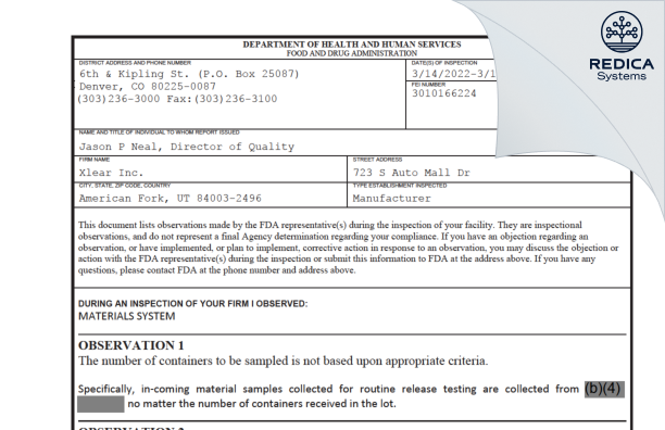 FDA 483 - Xlear Inc. [American Fork / United States of America] - Download PDF - Redica Systems