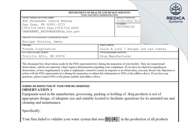 FDA 483 - Frenda Corporation [Trujillo Alto / United States of America] - Download PDF - Redica Systems
