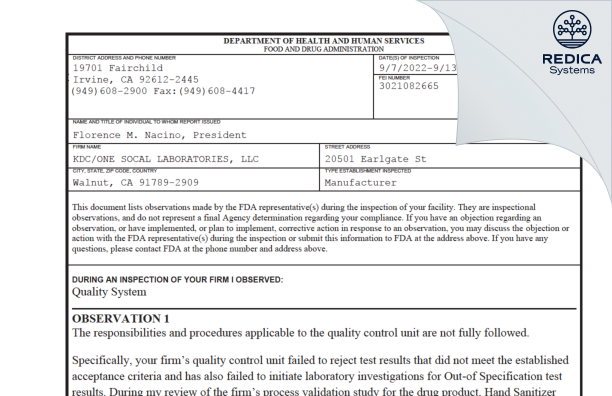 FDA 483 - KDC/ONE SOCAL LABORATORIES, LLC [California / United States of America] - Download PDF - Redica Systems