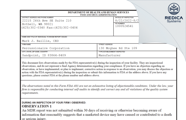 FDA 483 - Percussionaire Corporation [Sandpoint / United States of America] - Download PDF - Redica Systems