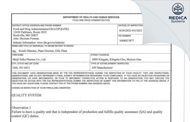FDA 483 - Meiji Seika Pharma Co., Ltd. [Kitagatacho / Japan] - Download PDF - Redica Systems