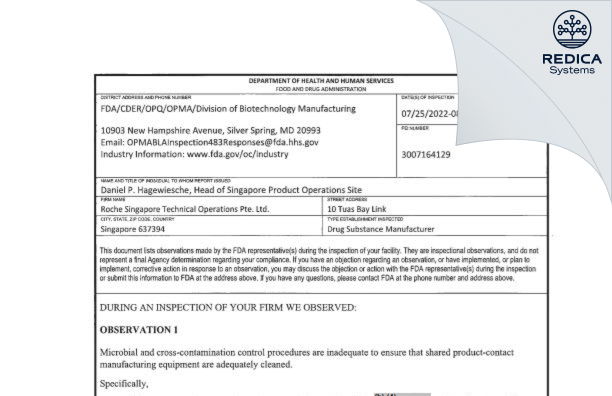 FDA 483 - Roche Singapore Technical Operations Pte. Ltd. [Singapore / Singapore] - Download PDF - Redica Systems