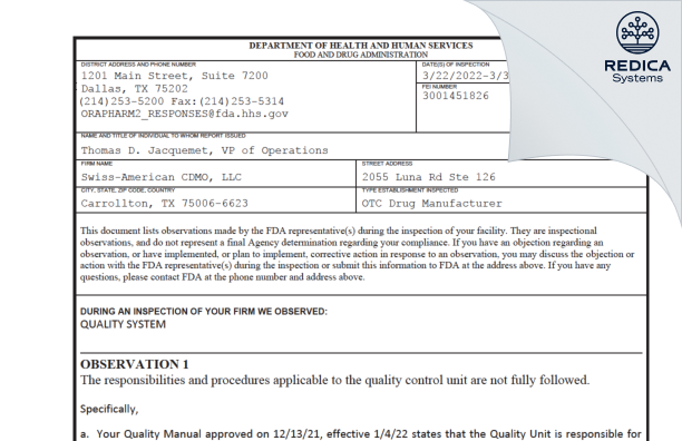 FDA 483 - Swiss-American CDMO, LLC [Carrollton / United States of America] - Download PDF - Redica Systems