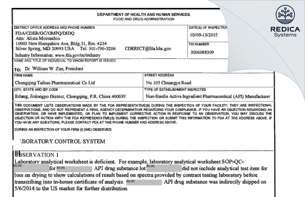FDA 483 - ChongQing Taihao Pharmaceutical Co. Ltd. [China / China] - Download PDF - Redica Systems