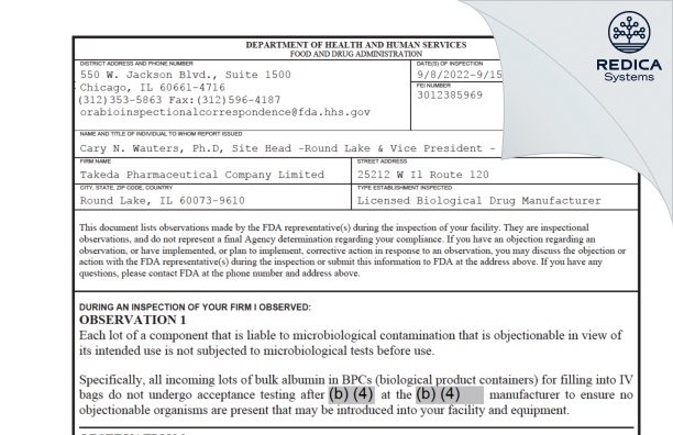 FDA 483 - BAXALTA US INC. [Round Lake / United States of America] - Download PDF - Redica Systems