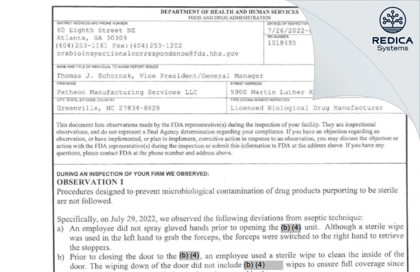FDA 483 - Patheon Manufacturing Services LLC [Greenville North Carolina / United States of America] - Download PDF - Redica Systems