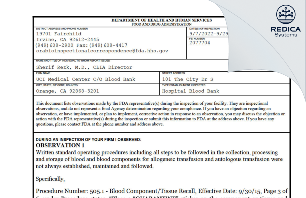 FDA 483 - UCI Medical Center C/O Blood Bank [Orange / United States of America] - Download PDF - Redica Systems
