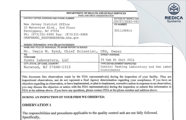 FDA 483 - Syenz Laboratory, LLC [Jersey / United States of America] - Download PDF - Redica Systems