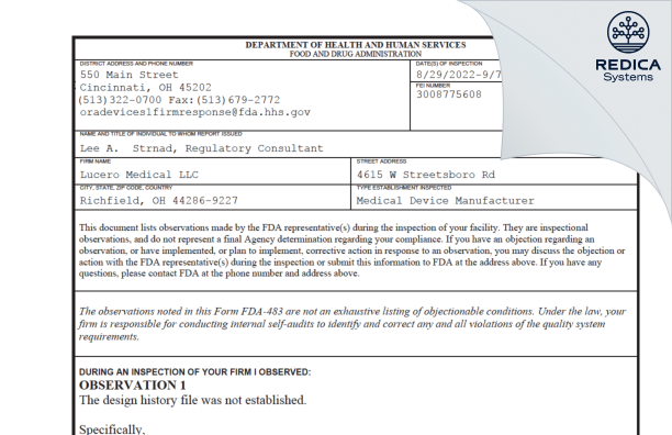 FDA 483 - Lucero Medical LLC [Richfield / United States of America] - Download PDF - Redica Systems