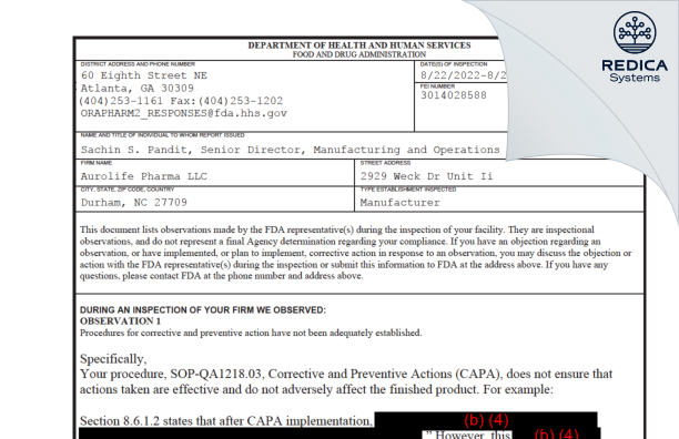 FDA 483 - Aurolife Pharma LLC [Durham / United States of America] - Download PDF - Redica Systems