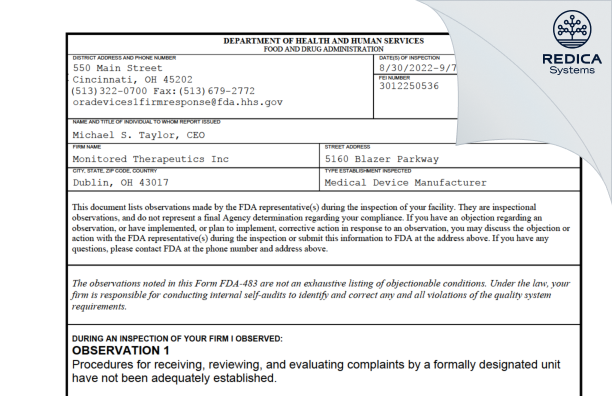 FDA 483 - Monitored Therapeutics Inc [Dublin / United States of America] - Download PDF - Redica Systems