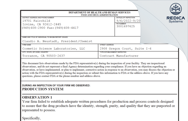 FDA 483 - Cosmetic Science Laboratories, LLC [Torrance / United States of America] - Download PDF - Redica Systems