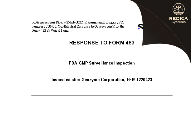 FDA 483 Response - Genzyme Corporation [Framingham / United States of America] - Download PDF - Redica Systems