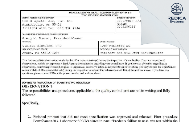 FDA 483 - Quality Blending, Inc [Anoka / United States of America] - Download PDF - Redica Systems