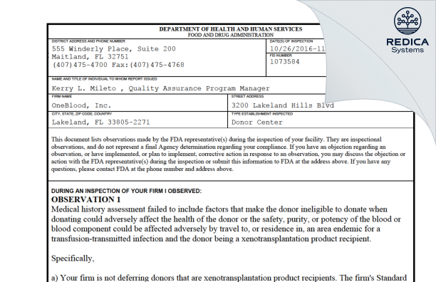 FDA 483 - OneBlood, Inc. [Lakeland / United States of America] - Download PDF - Redica Systems