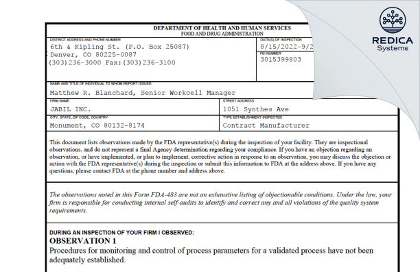 FDA 483 - JABIL INC. [Monument / United States of America] - Download PDF - Redica Systems