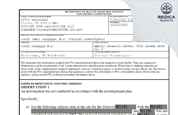 FDA 483 - Sunil Rangappa M.D. [Northridge / United States of America] - Download PDF - Redica Systems