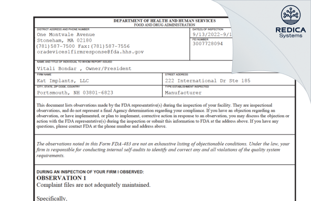 FDA 483 - Kat Implants, LLC [Portsmouth / United States of America] - Download PDF - Redica Systems