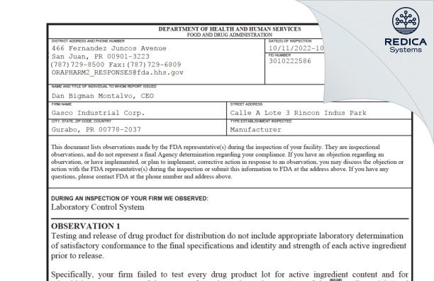 FDA 483 - Gasco Industrial Corp. [Rico / United States of America] - Download PDF - Redica Systems