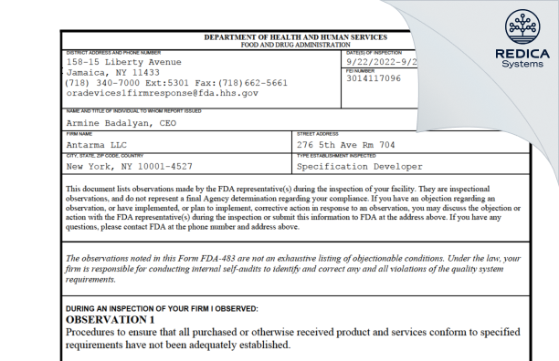 FDA 483 - Antarma LLC [New York / United States of America] - Download PDF - Redica Systems