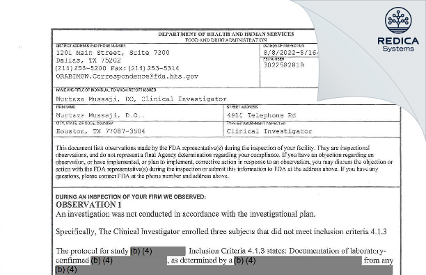 FDA 483 - Murtaza Mussaji, D.O.. [Houston / United States of America] - Download PDF - Redica Systems
