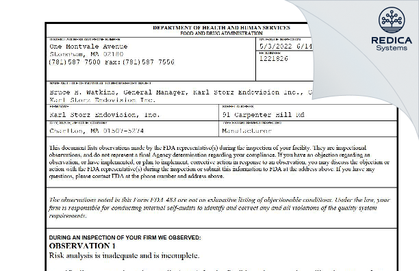 FDA 483 - Karl Storz Endovision, Inc. [Charlton / United States of America] - Download PDF - Redica Systems