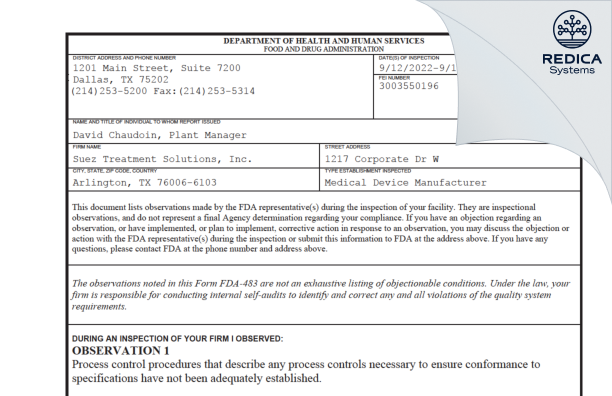 FDA 483 - Suez Treatment Solutions, Inc. [Arlington / United States of America] - Download PDF - Redica Systems
