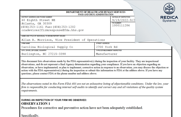 FDA 483 - Carolina Biological Supply Co [Burlington / United States of America] - Download PDF - Redica Systems