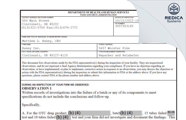 FDA 483 - Haney, Inc. [Cincinnati Ohio / United States of America] - Download PDF - Redica Systems