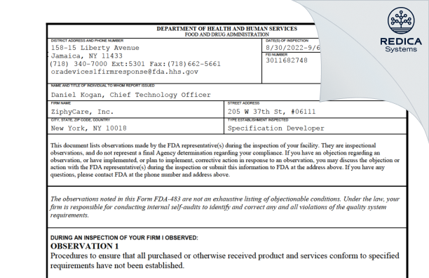 FDA 483 - ZiphyCare, Inc. [New York / United States of America] - Download PDF - Redica Systems
