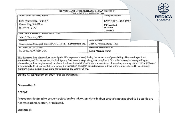 FDA 483 - Consolidated Chemical, Inc. DBA CARE-TECH Laboratories, Inc. [St. Louis / United States of America] - Download PDF - Redica Systems