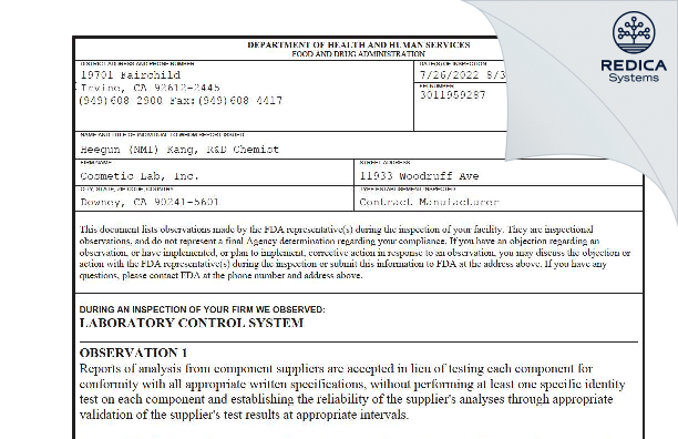 FDA 483 - COSMETIC LAB INC. [Downey / United States of America] - Download PDF - Redica Systems