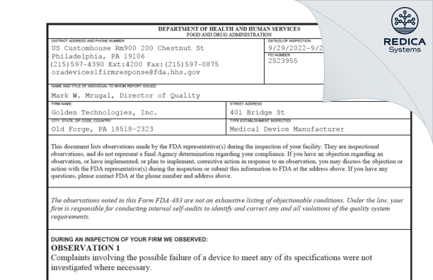 FDA 483 - Golden Technologies, Inc. [Old Forge / United States of America] - Download PDF - Redica Systems