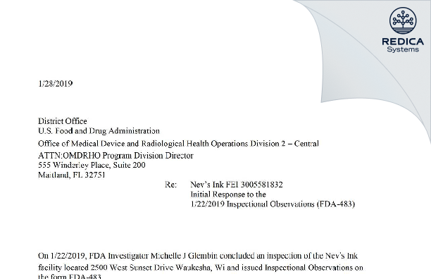 FDA 483 Response - Nev's Ink Inc. [Waukesha / United States of America] - Download PDF - Redica Systems