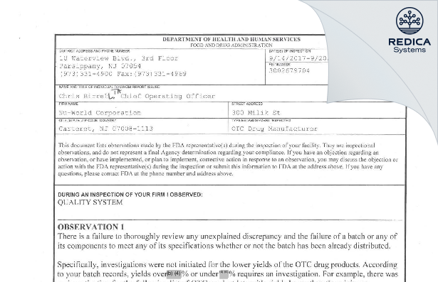 FDA 483 - Cosmax USA, Inc. (Cosmax USA, Corporation) [Jersey / United States of America] - Download PDF - Redica Systems