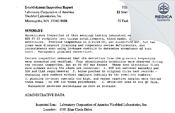 EIR - Laboratory Corporation of America ViroMed Laboratories [Burlington / United States of America] - Download PDF - Redica Systems
