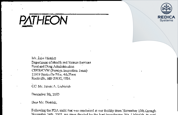 FDA 483 Response - Patheon Inc. [Toronto / Canada] - Download PDF - Redica Systems