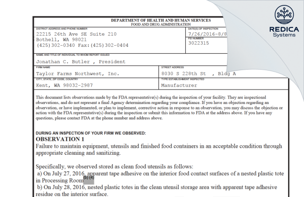 FDA 483 - Taylor Farms Northwest, LLC [Kent / United States of America] - Download PDF - Redica Systems