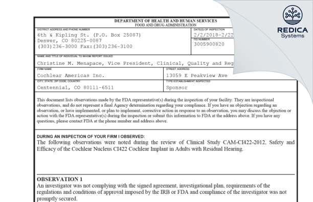 FDA 483 - Cochlear Americas Inc. [Lone Tree / United States of America] - Download PDF - Redica Systems