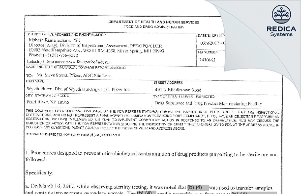 FDA 483 - Wyeth Pharmaceutical Division of Wyeth Holdings LLC [New York / United States of America] - Download PDF - Redica Systems