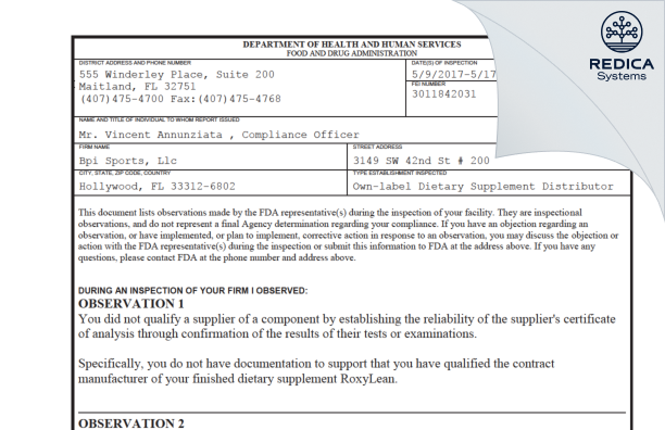 FDA 483 - Be Powerful, LLC [Fort Lauderdale / United States of America] - Download PDF - Redica Systems