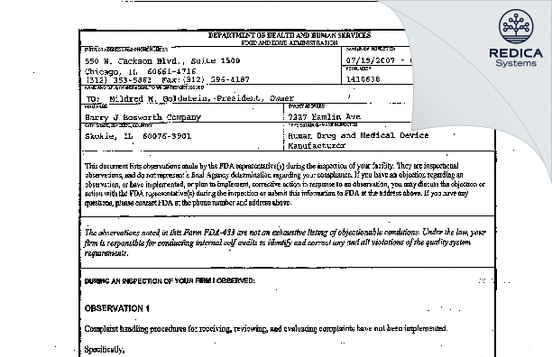 FDA 483 - Harry J Bosworth Company [Skokie / United States of America] - Download PDF - Redica Systems