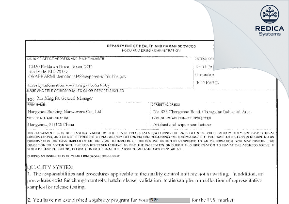 FDA 483 - Hangzhou SunKing Nonwovens Co., Ltd. [Hangzhou / China] - Download PDF - Redica Systems
