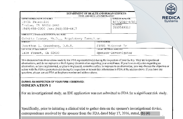 FDA 483 - Jonathan G. Greenburg, D.D.S. [Calabasas / United States of America] - Download PDF - Redica Systems