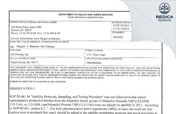 FDA 483 - SPI Pharma, Inc [Grand Haven Michigan / United States of America] - Download PDF - Redica Systems