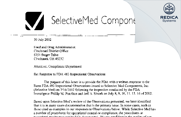 FDA 483 Response - Spectramed LLC [Columbus / United States of America] - Download PDF - Redica Systems